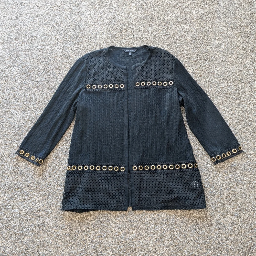 Ming Wang Eyelet Statement Cardigan Black Gold Grommets Size XL